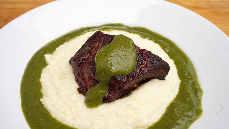 Smoked Pork Butt with Salsa Verde & Three Cheese Grits