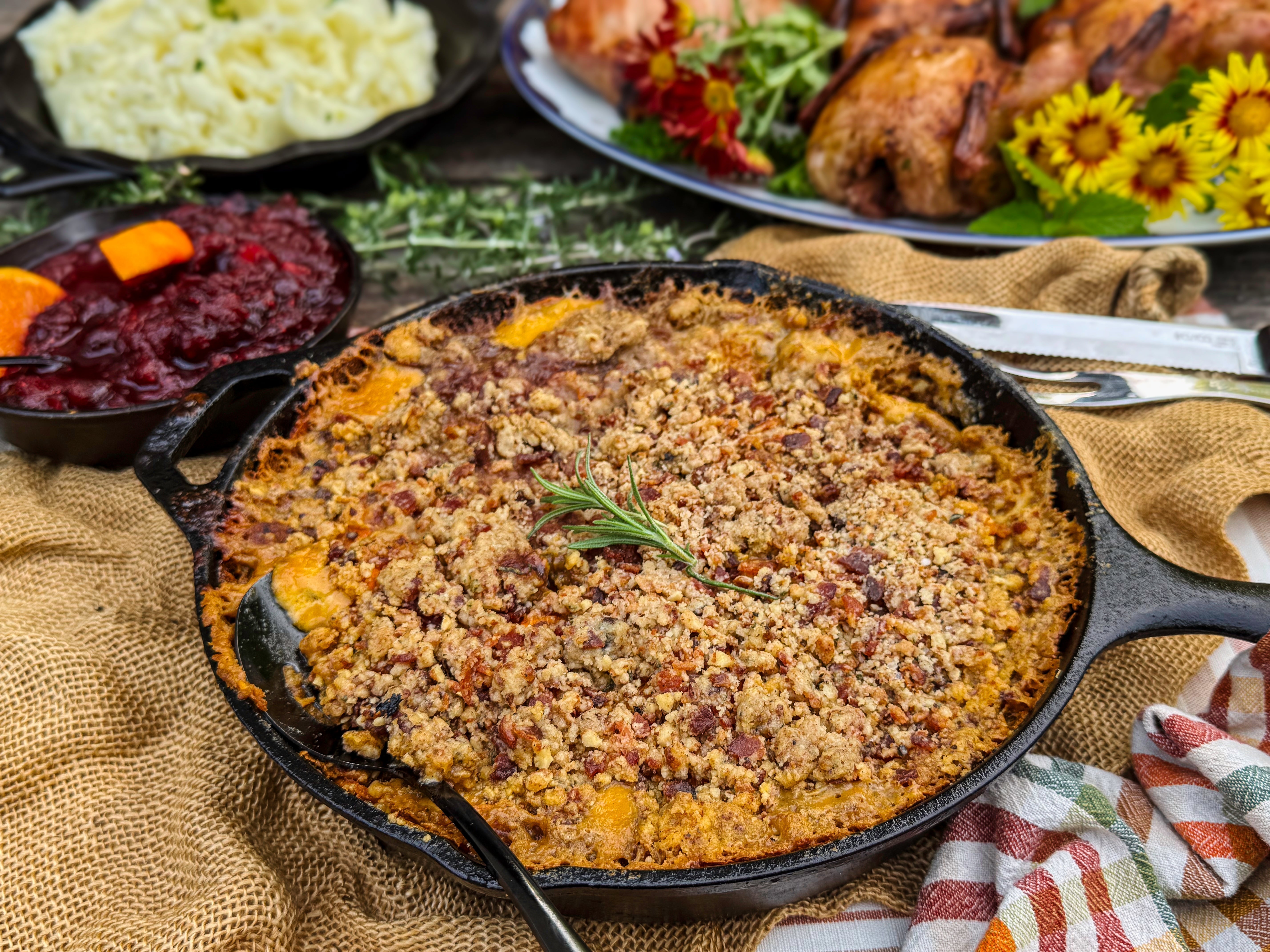 Rosemary Scalloped Sweet Potatoes with Bacon Crumble