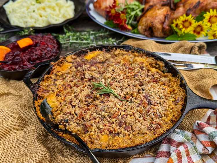 Rosemary Scalloped Sweet Potatoes with Bacon Crumble