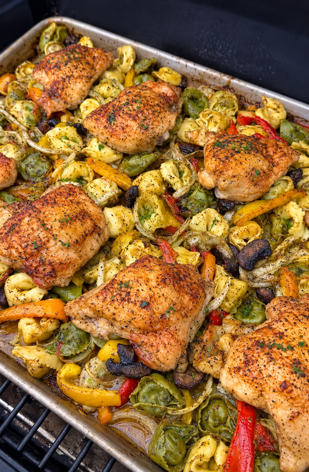 Sheet Pan Pesto Tortellini with Chicken Thighs