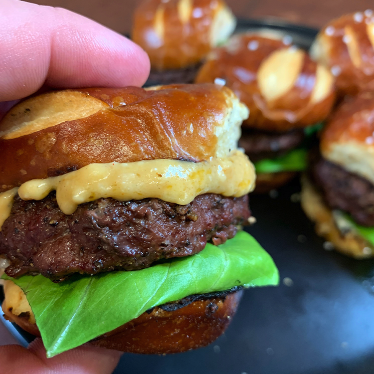 Beer Cheese with Pretzel Bun Sliders