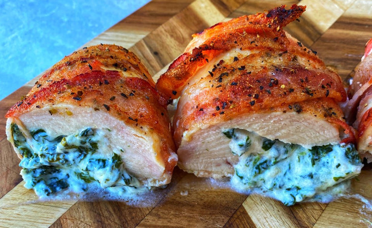 Bacon-Wrapped Spinach and Cheese Stuffed Chicken Breast