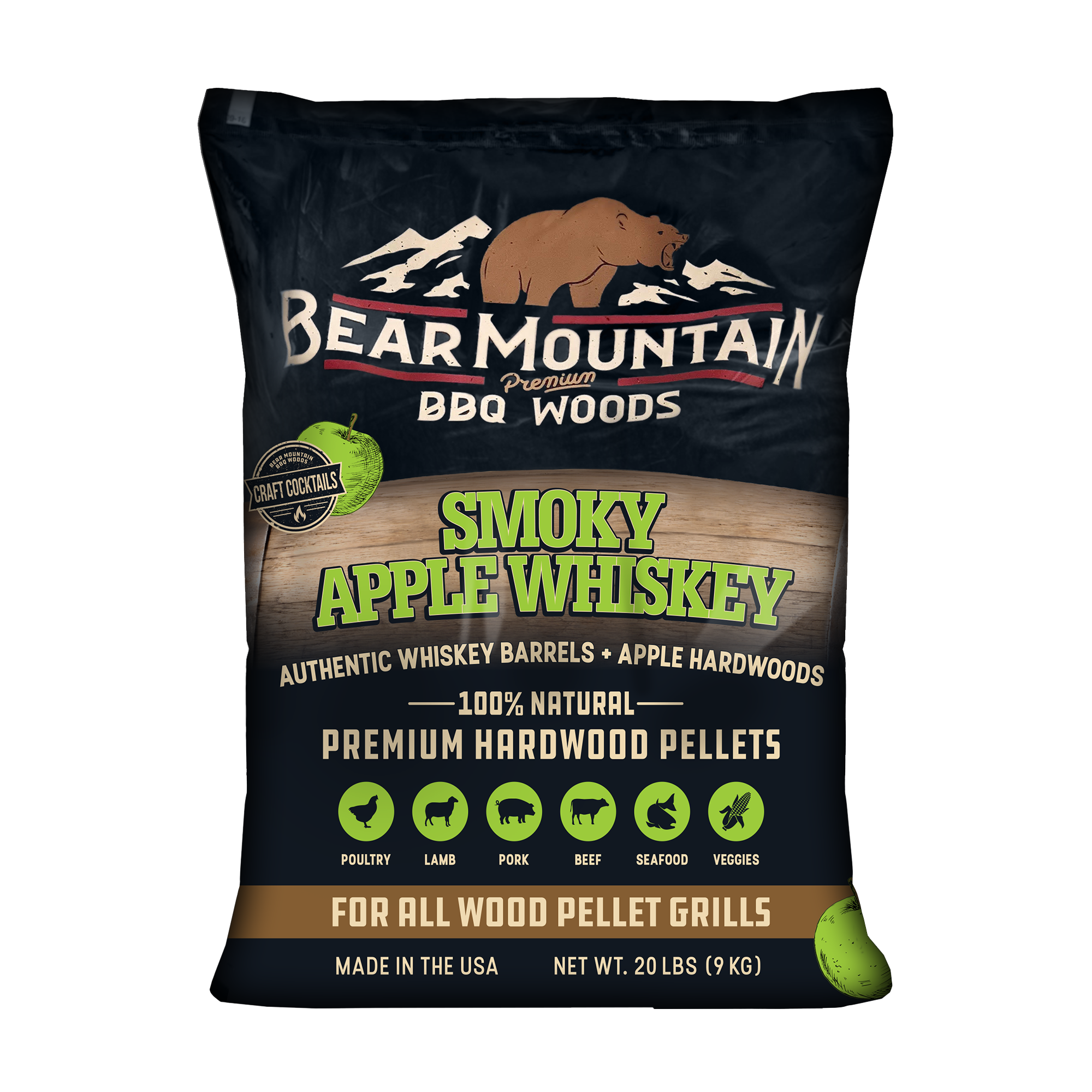 A bag of Bear Mountain BBQ Smoky Apple Whiskey premium hardwood pellets, highlighting its authentic whiskey barrels and apple hardwoods with various quality seals such as gluten-free, no chemicals, no additives, and for all wood pellet grills.